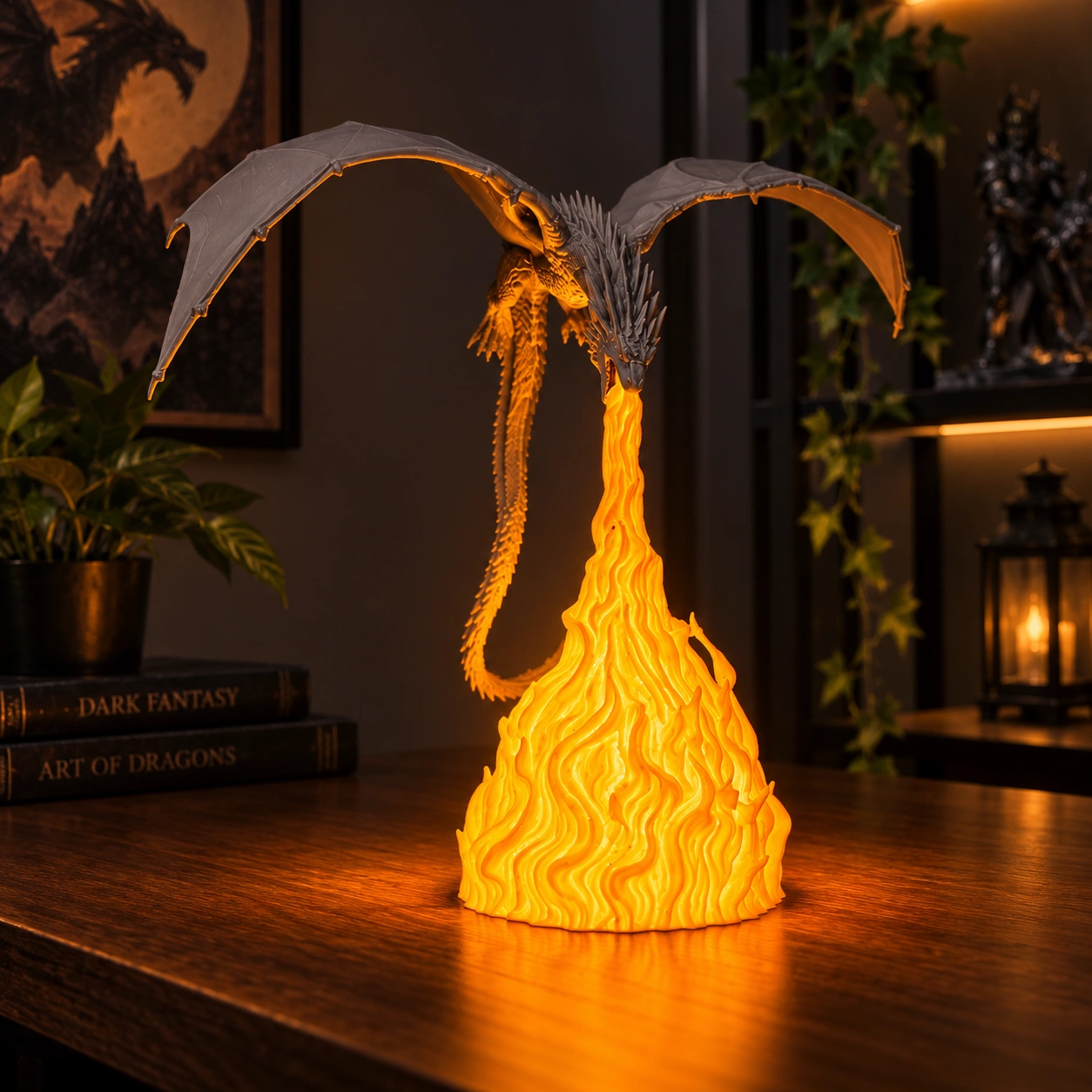 Flame Breath Dragon Lamp (4) 3D Printed Flying Dragon Figurine – Articulated Fantasy Dragon Model - Image 1